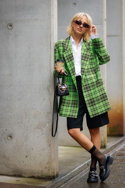 wide lapels | Girlfriend is Better | green plaid oversized blazer coat black loafers work wear