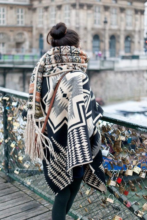 blanket coats | Girlfriend is Better | wool poncho black white native print Southwestern