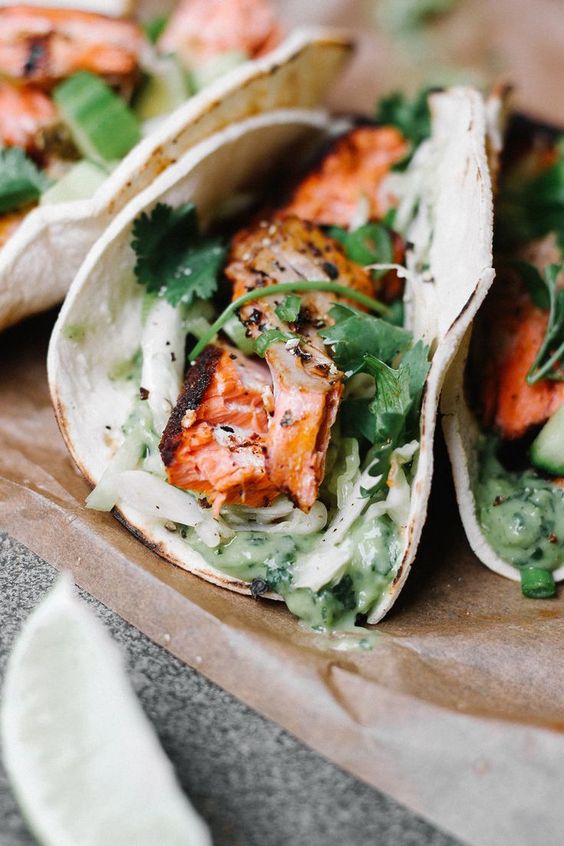 salmon recipes | Girlfriend is Better | Blackened Salmon Tacos Avocado Cilantro Sauce Cabbage Slaw 