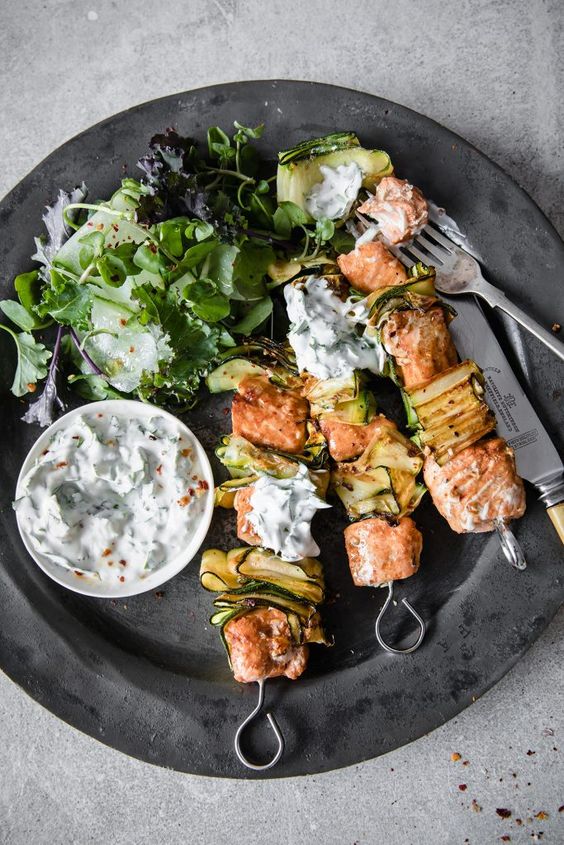 salmon recipes | Girlfriend is Better | Paprika Lime Salmon Kebabs Herby Coconut Yoghurt