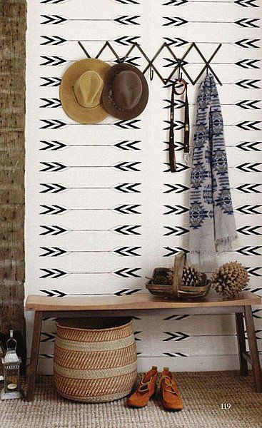 Southwestern decor | Girlfriend is Better | tapestry minimalist wallpaper entryway bench