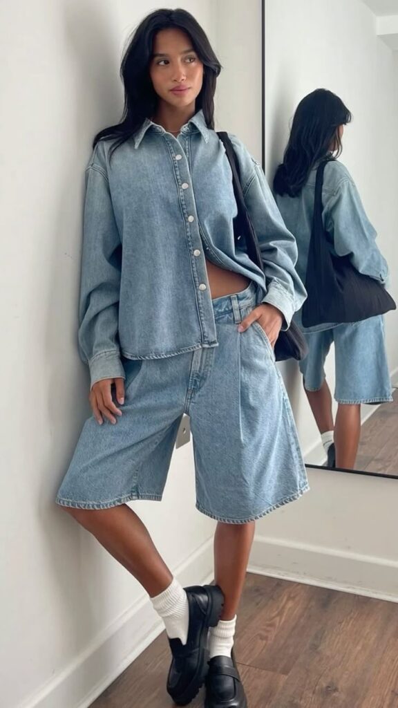 long shorts | Girlfriend is Better | Canadian tuxedo pleats denim shirt loafers