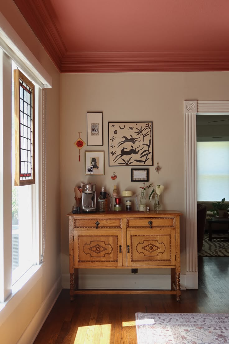 decorative ceilings | Girlfriend is Better | coffee station entryway coral