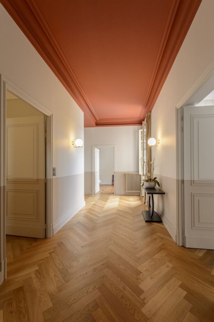 decorative ceilings | Girlfriend is Better | terracotta hallway herringbone flooring